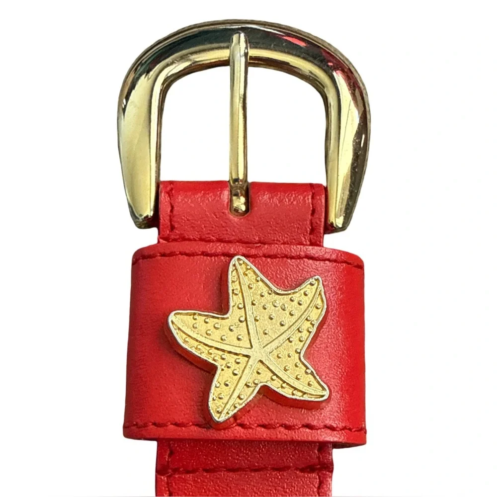 Vintage Dockers Coastal Red Leather Belt Gold Seashells M 28–32
